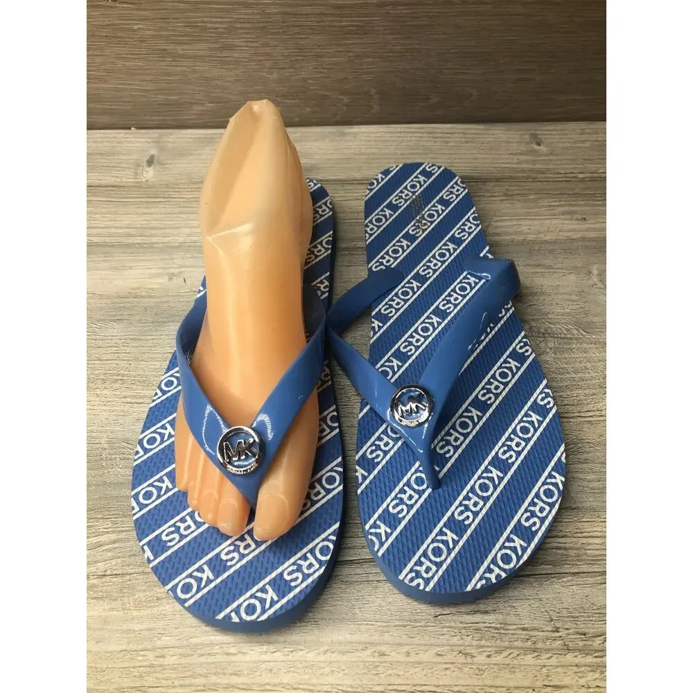 New MICHAEL KORS Women's 11 Blue / Silver Metal MK Charm Logo Flip Flops